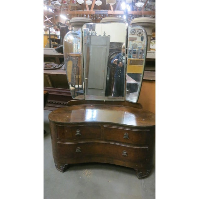 Edwardian Dark Stained Burlwood Vanity with Trifold Mirror, Circa 1910 - 3