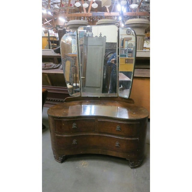 Edwardian Dark Stained Burlwood Vanity with Trifold Mirror, Circa 1910 - 6