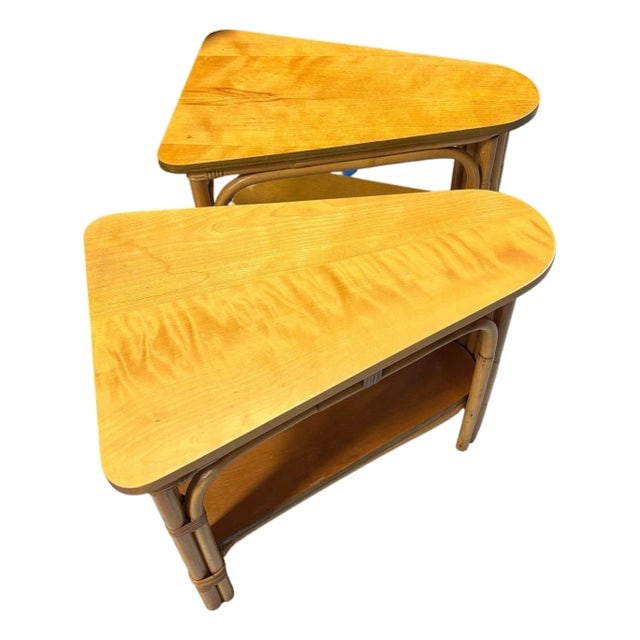 Restored MCM 2-Tiered Vertically Stacked Rattan Arched Wedge Table, Pair (1 of 6)