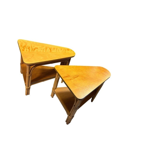 Restored MCM 2-Tiered Vertically Stacked Rattan Arched Wedge Table, Pair - 2