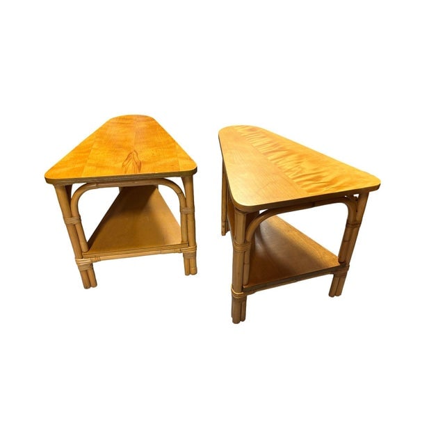 Restored MCM 2-Tiered Vertically Stacked Rattan Arched Wedge Table, Pair - 5