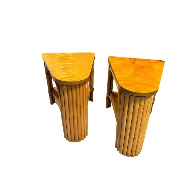Restored MCM 2-Tiered Vertically Stacked Rattan Arched Wedge Table, Pair - 6