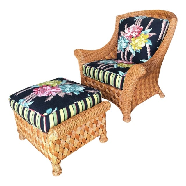 1980s Large "Big Daddy" Woven Wicker Lounge Chair with Matching Ottoman: Title: 1980s Large "Big Daddy" Woven Wicker Lounge Chair with Matching Ottoman Description: This beautifully restored Paul Frankl-inspired rattan blends vintage charm with modern comfort. Woven Wicker