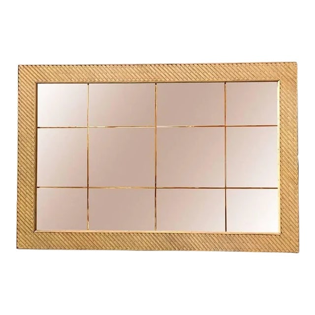 Restored Gabriella Crespi Style Stick Reed Rattan Peach Glass Mirror: Title: Restored Gabriella Crespi Style Stick Reed Rattan Peach Glass Mirror Description: Large rectangular peach glass mirror featuring a slanted cut stick rattan frame with decorative brass nail acce