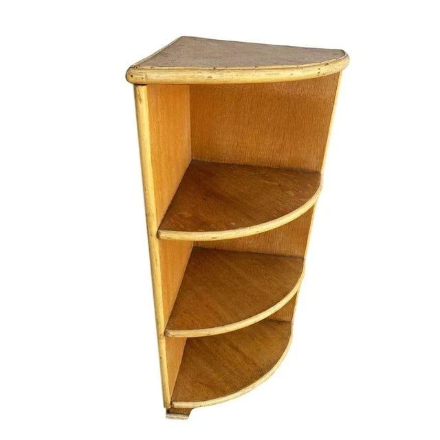 Restored Tropical Koa Wood Corner Shelf With Rattan Border - 11