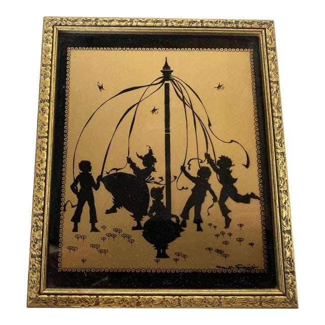 Silhouette "The Four Seasons" Gold Print in Original Frame by Fidus, Circa 1900: Title: Silhouette "The Four Seasons" Gold Print in Original Frame by Fidus, Circa 1900 Description: Each piece of art features an artwork scene of children dancing around a Mayflower pole. Framed 5.5"