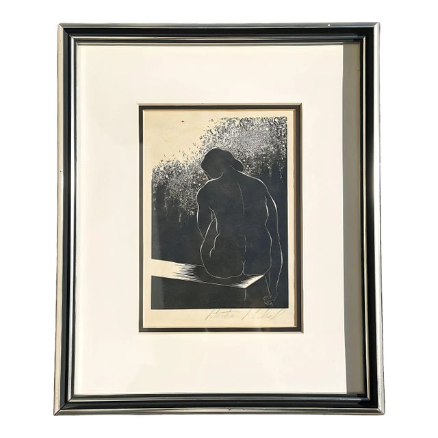 Untitled figure Female Portrait Wood Block Print by Reibel Bertram, Framed: Title: Untitled figure Female Portrait Wood Block Print by Reibel Bertram, Framed Description: Original untitled wood block engraving in black on off-white woven paper signed by Bertram Reibel (Americ
