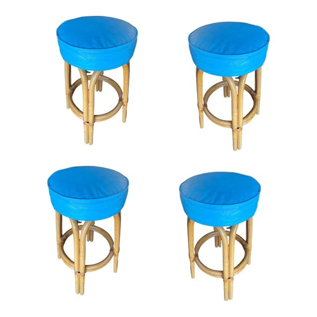 Restored Single Stand Arched Rattan Bar Stool W/ Teal Green Seat, Set of Four (1 of 9)
