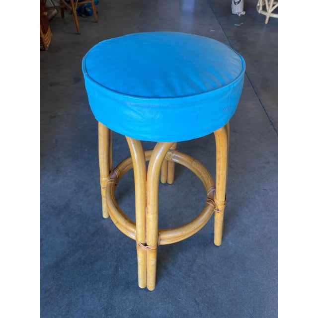 Restored Single Stand Arched Rattan Bar Stool W/ Teal Green Seat, Set of Four - 3