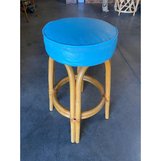 Restored Single Stand Arched Rattan Bar Stool W/ Teal Green Seat, Set of Four - 4