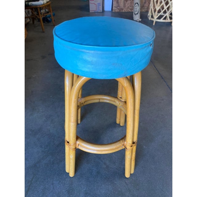 Restored Single Stand Arched Rattan Bar Stool W/ Teal Green Seat, Set of Four - 5