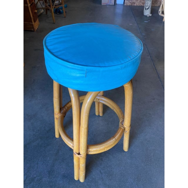 Restored Single Stand Arched Rattan Bar Stool W/ Teal Green Seat, Set of Four - 6