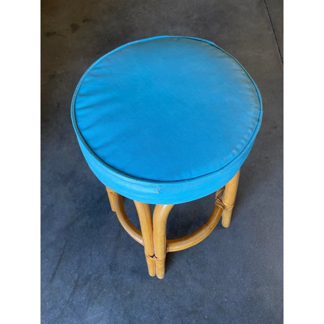 Restored Single Stand Arched Rattan Bar Stool W/ Teal Green Seat, Set of Four - 7