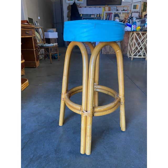 Restored Single Stand Arched Rattan Bar Stool W/ Teal Green Seat, Set of Four - 8