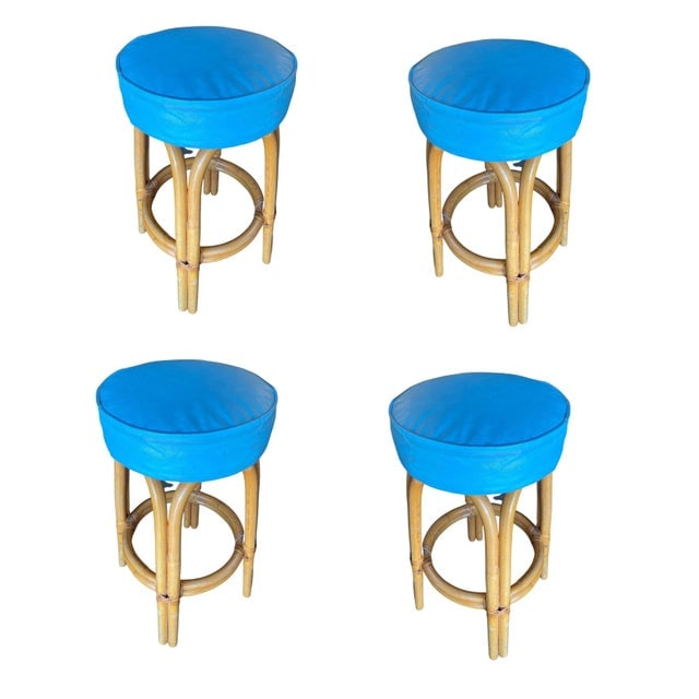 Restored Single Stand Arched Rattan Bar Stool W/ Teal Green Seat, Set of Four - 9