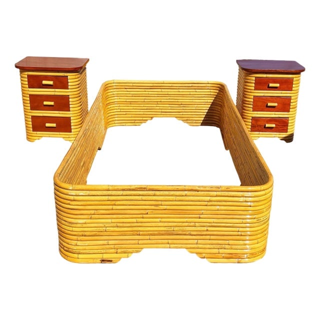 Restored Frankl Style Full Stacked Rattan Bed Frame W/ Night Stands Bedroom Set (1 of 10)