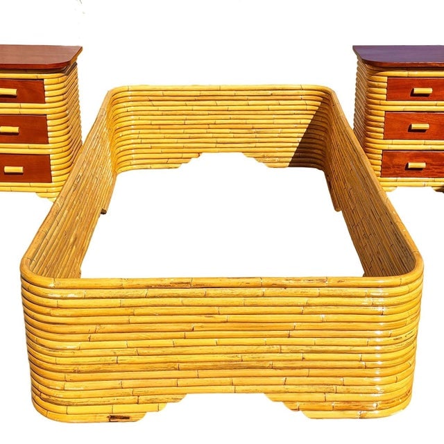 Restored Frankl Style Full Stacked Rattan Bed Frame W/ Night Stands Bedroom Set - 2
