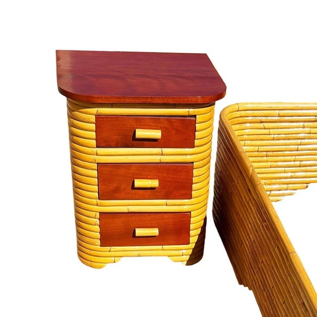 Restored Frankl Style Full Stacked Rattan Bed Frame W/ Night Stands Bedroom Set - 5