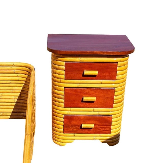 Restored Frankl Style Full Stacked Rattan Bed Frame W/ Night Stands Bedroom Set - 6