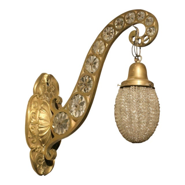 Belle Epoque Electric Scrolling Brass & Crystal Sconce W/ Beaded Light Shade, 2 Available: Title: Belle Epoque Electric Scrolling Brass & Crystal Sconce W/ Beaded Light Shade, 2 Available Description: This unique Belle Epoque era Scrolling wall sconce is rendered in cast brass and embellish