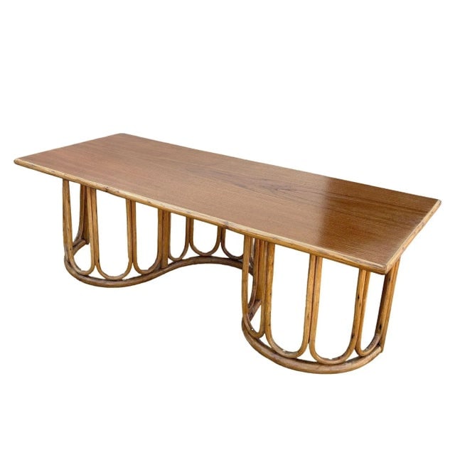1940s Restored Rattan and Mahogany Coffee Table with Wavy Base - 2
