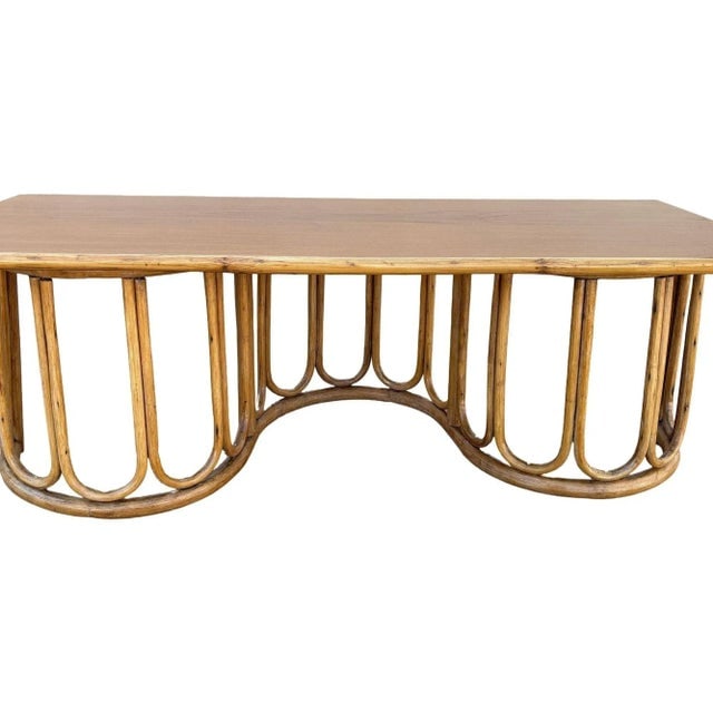 1940s Restored Rattan and Mahogany Coffee Table with Wavy Base - 4