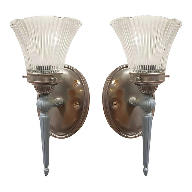 Antique Regency Wall Sconces Electric Light Fixture With Tulip Shade, Pair (1 of 7)