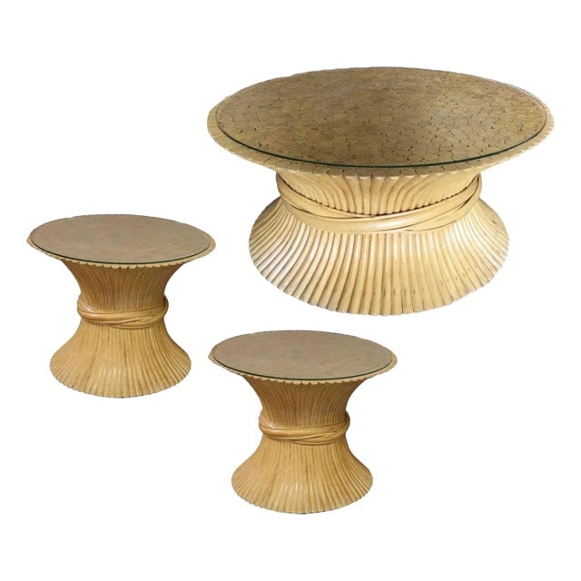 1970s Restored McGuire Corseted Hour Glass Pole Rattan Coffee Table and Side Tables Set: Title: 1970s Restored McGuire Corseted Hour Glass Pole Rattan Coffee Table and Side Tables Set Description: This beautifully restored rattan blends vintage charm with modern comfort. A pair of rattan 