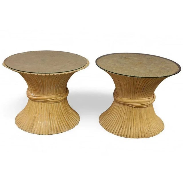 1970s Restored McGuire Corseted Hour Glass Pole Rattan Coffee Table and Side Tables Set - 6