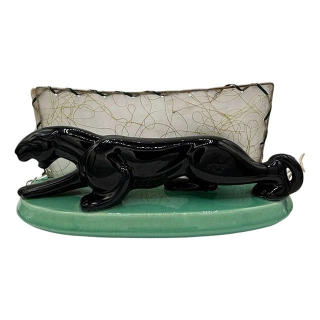 1950s Mid-Century Black Panther Ceramic Statue Lamp with Whipple Stitch Fiberglass Shade (1 of 5)