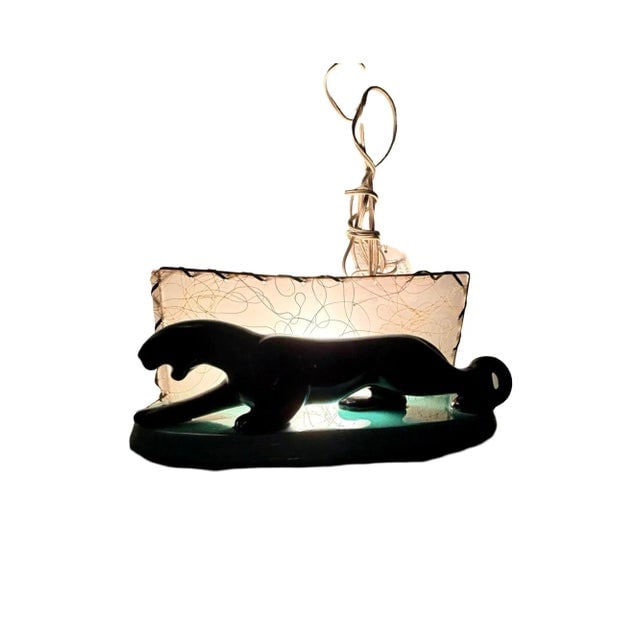 1950s Mid-Century Black Panther Ceramic Statue Lamp with Whipple Stitch Fiberglass Shade - 2