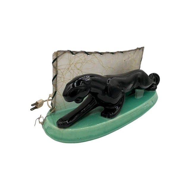 1950s Mid-Century Black Panther Ceramic Statue Lamp with Whipple Stitch Fiberglass Shade - 3