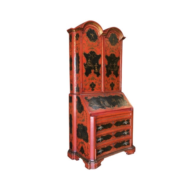 Hollywood Regency Secretary Desk Secretaire Bookcase W/ Chinese Motif: Title: Hollywood Regency Secretary Desk Secretaire Bookcase W/ Chinese Motif Description: Hollywood Regency secretary desk secretaire bookcase with hand-painted Chinese motif featuring a breakfront ca