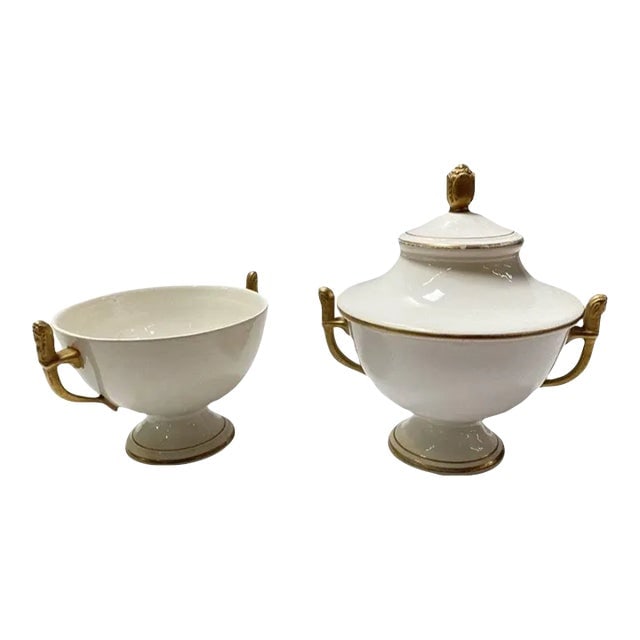 1910's Italian Ivory and Gold Sugar Holders/ Bowls With Lid- Set of 2: Title: 1910's Italian Ivory and Gold Sugar Holders/ Bowls With Lid- Set of 2 Description: A Pair of antique Made in Italy sugar holders with gold details. One comes with lid. One of the bowls has a