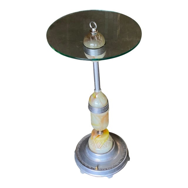 Art Deco Light Up Agate Glass Illuminating Smoking Side Table Pewter Cast Base: Title: Art Deco Light Up Agate Glass Illuminating Smoking Side Table Pewter Cast Base Description: This 1930s Art Deco side accent table or end table made of agate glass, the bottom of which lights up