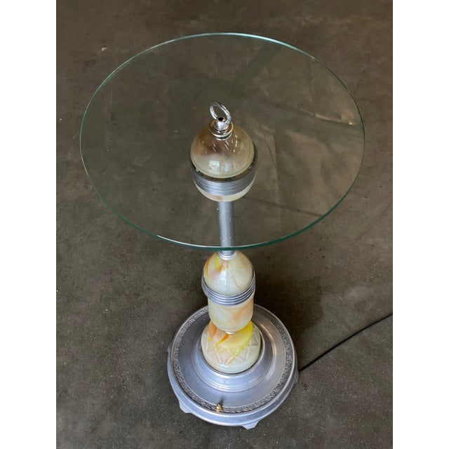Art Deco Light Up Agate Glass Illuminating Smoking Side Table Pewter Cast Base - 2
