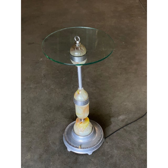 Art Deco Light Up Agate Glass Illuminating Smoking Side Table Pewter Cast Base - 6