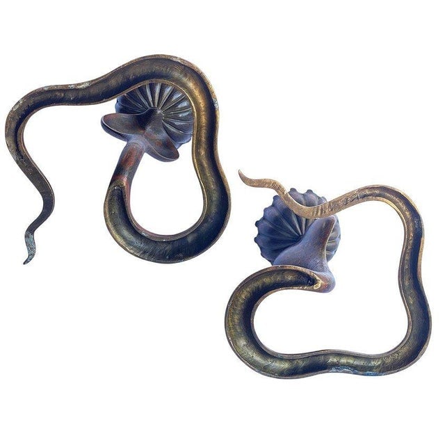 20th Century Hand Etched Persian Cobra Brass and Bronze Candle Holders, Pair - 11
