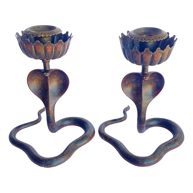 20th Century Hand Etched Persian Cobra Brass and Bronze Candle Holders, Pair: Title: 20th Century Hand Etched Persian Cobra Brass and Bronze Candle Holders, Pair Description: A striking pair of Persian Hand etched cobra candle holders crafted in solid Brass and bronze. Each pie