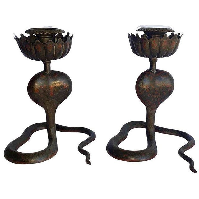 20th Century Hand Etched Persian Cobra Brass and Bronze Candle Holders, Pair - 2