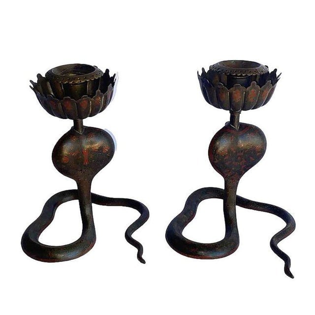 20th Century Hand Etched Persian Cobra Brass and Bronze Candle Holders, Pair - 3