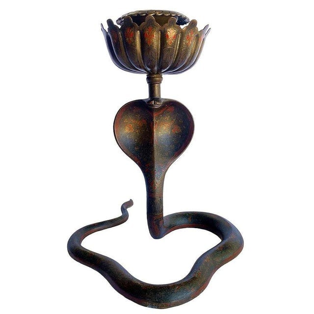 20th Century Hand Etched Persian Cobra Brass and Bronze Candle Holders, Pair - 4