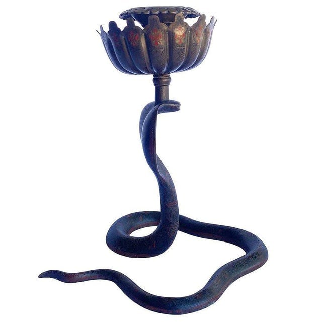 20th Century Hand Etched Persian Cobra Brass and Bronze Candle Holders, Pair - 5