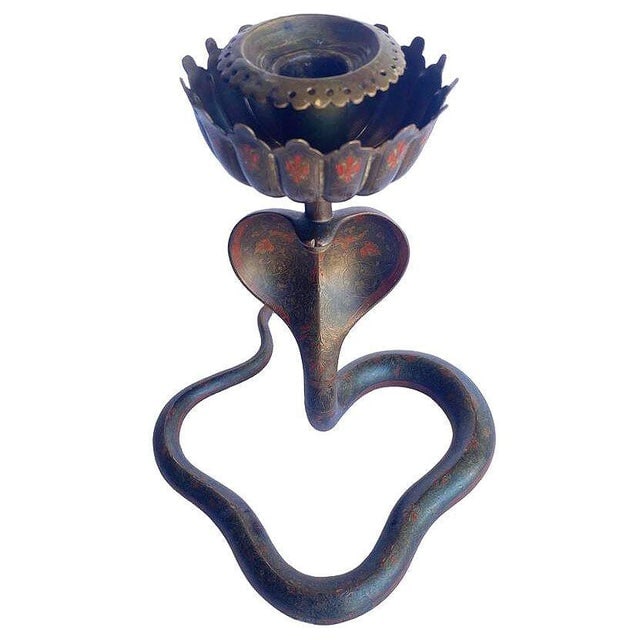 20th Century Hand Etched Persian Cobra Brass and Bronze Candle Holders, Pair - 6