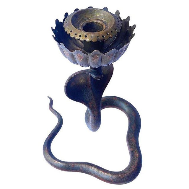 20th Century Hand Etched Persian Cobra Brass and Bronze Candle Holders, Pair - 7