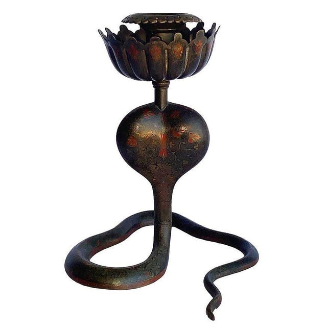 20th Century Hand Etched Persian Cobra Brass and Bronze Candle Holders, Pair - 9