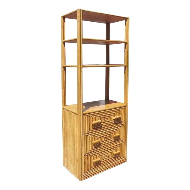 1950s Restored Rattan & Mahogany Display Curio Cabinet Etagere: Title: 1950s Restored Rattan & Mahogany Display Curio Cabinet Etagere Description: This beautifully restored stick rattan display cabinet with mahogany shelving and side panels. This large 7' tall cab