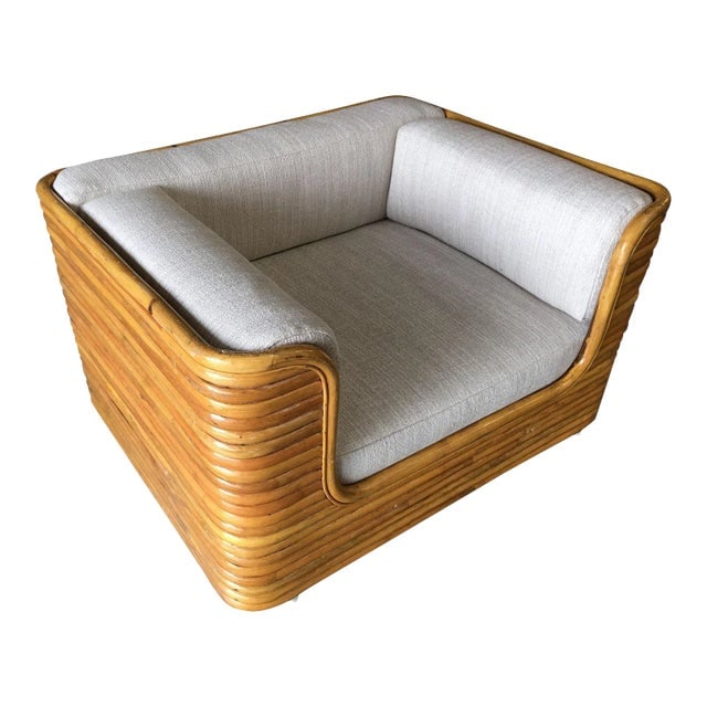 1970s Restored Full Stacked Rattan Lowboy Lounge Chair: Title: 1970s Restored Full Stacked Rattan Lowboy Lounge Chair Description: Rare Vintage 1970s full stacked rattan lowboy lounge chair featuring a cubist design made entirely of stacked steam-bent pole