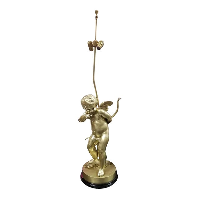 Restored Cherub Sculpture "Le Petit Malin" by Benoit Rougelet Converted Lamp: Title: Restored Cherub Sculpture "Le Petit Malin" by Benoit Rougelet Converted Lamp Description: Solid bronze statue lamp "Le Petit Malin" Playful Cupid by Benoit Rougelet on a wooden base with two ad