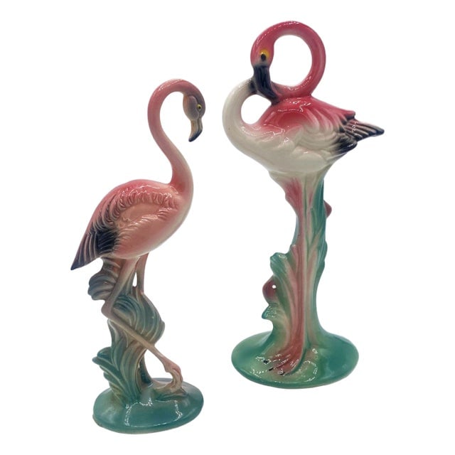 1940s Mid-Century Pink Flamingo Ceramic Tabletop Statue Set by Brad Kealer, 2 Pieces: Title: 1940s Mid-Century Pink Flamingo Ceramic Tabletop Statue Set by Brad Kealer, 2 Pieces Description: Mid-century pink and green matching California ceramic flamingo tabletop statues with the short